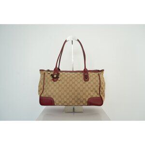 Gucci Sherry Line Princy Ribbon Canvas Leather Tote Bag Beige Red